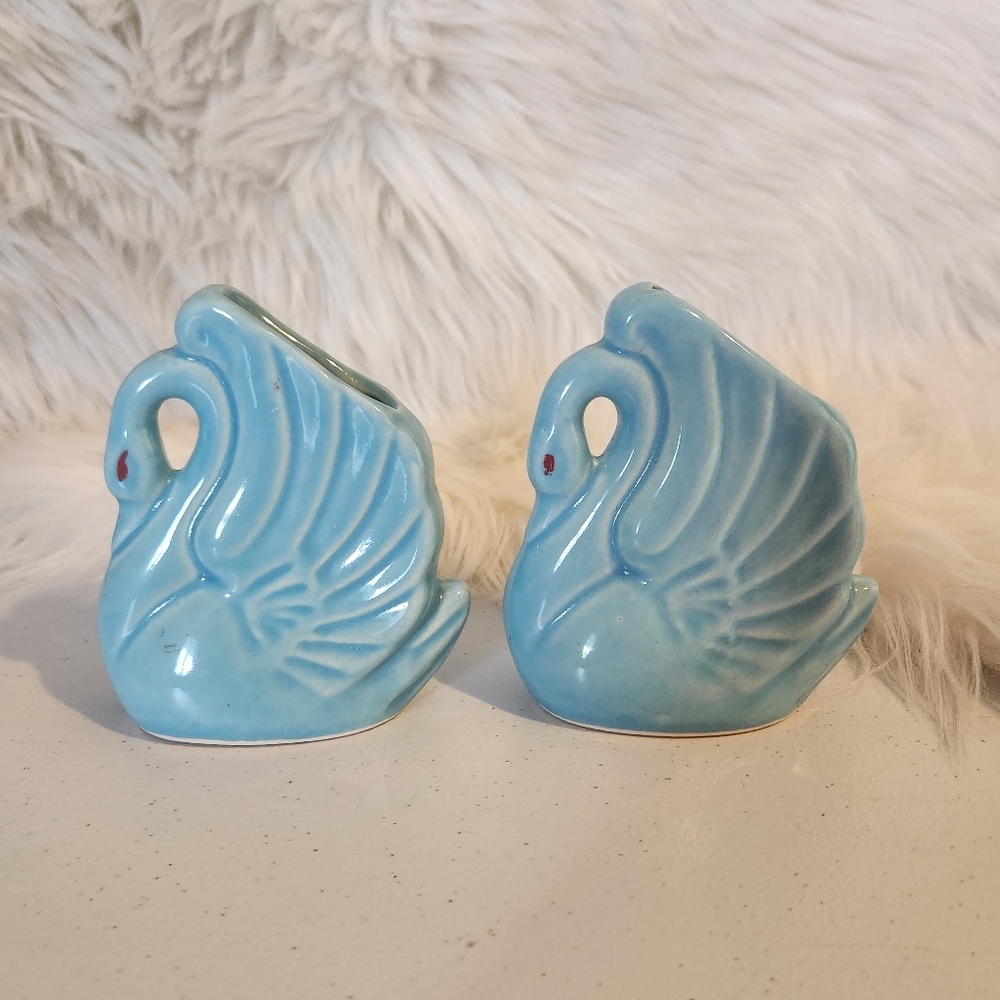 Vintage Blue Pottery Mini Swan Plant Vase Planter Mid Century Kitsch Lot Of 2